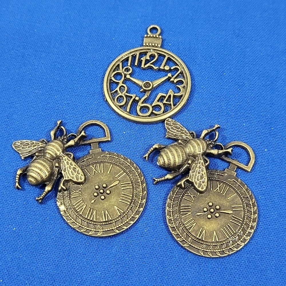 Pocket Watch Bumble Bee Clock Face Charms Brass Lot Of 3 Jewelry Crafting